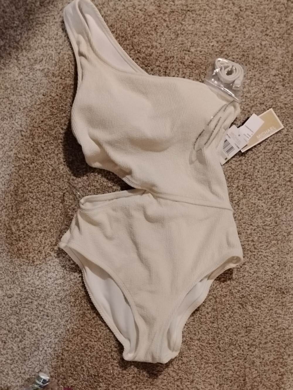 Michael Kors Cream Ribbed One-Piece Swimsuit